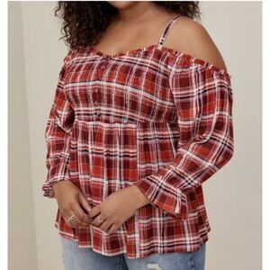 Torrid Women Smocked Babydoll Top 2X‎ Plaid Red Long Sleeve Cold Shoulder Henley